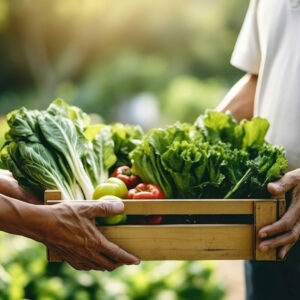 A man delivers a Harvest box to his neighbor.